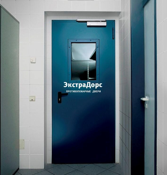 Противопожарная дверь 1 типа синяя c выпадающим порогом с остеклением в Красногорске  купить